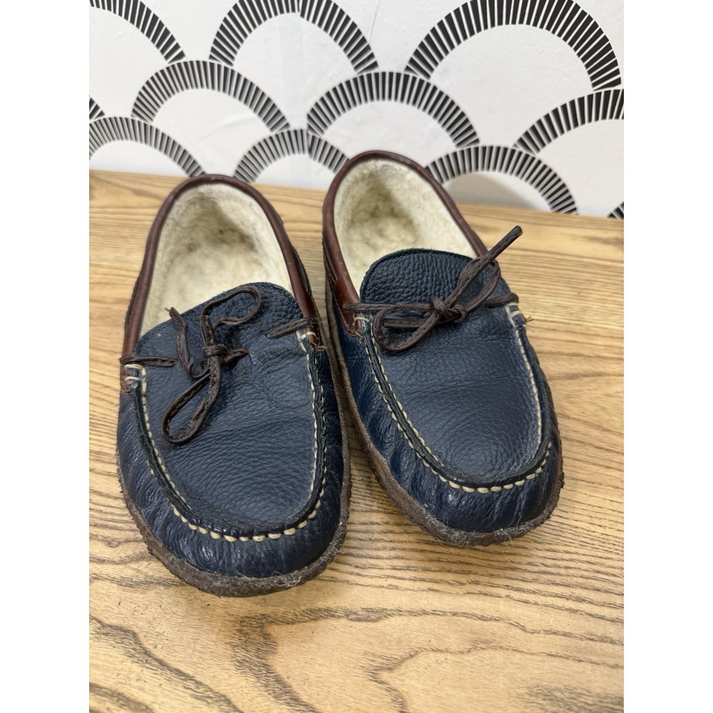 L.L. Bean Women's Leather Double-Sole Slippers Shearling Bison Blue Moccasin 8M
